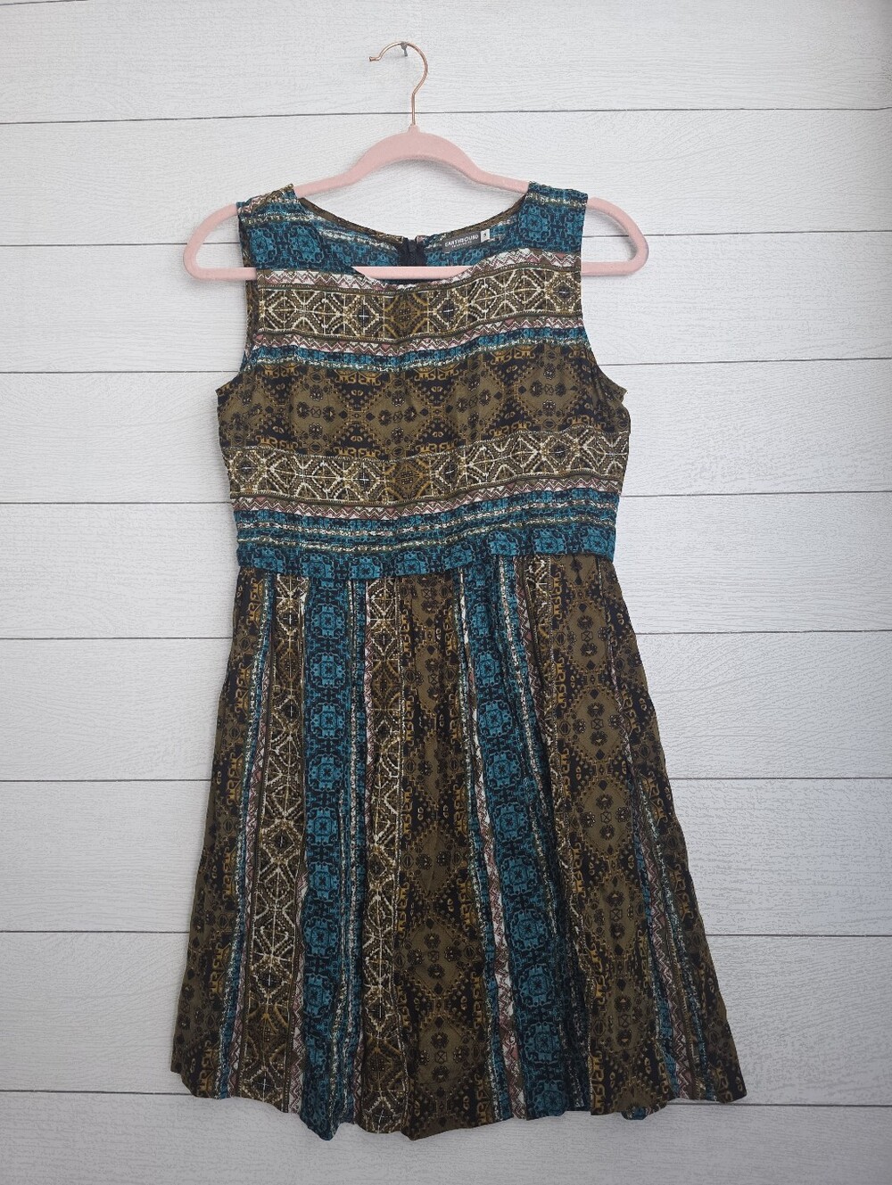 Earthbound Trading Co Teal and Brown Tribal Print Sleeveless Dress Small Viscose